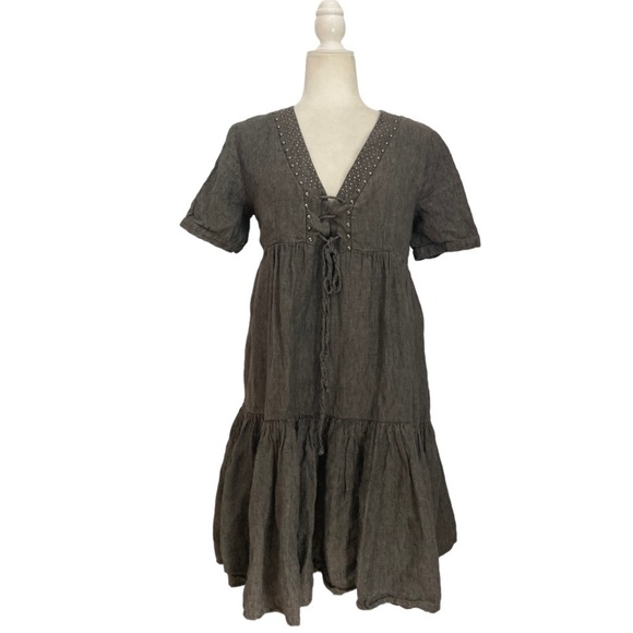 Twin-Set Simona Barbieri V Neck Tiered Mini Dress with lace up Detailing - Picture 9 of 9